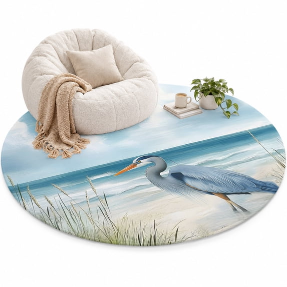 Heron Area Rug 4', Coastal Nautical Rustic Blue Bird Green Beach Reed ...