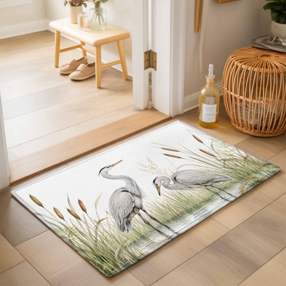 Heron Bird 2'x3' Small Rugs for Entryway Front Door Kitchen Sink Area, Rustic Wild Animal Minimalist Watercolor Cattail Field Soft Sturdy Mats Washable Non Slip Rectangle Area Rug