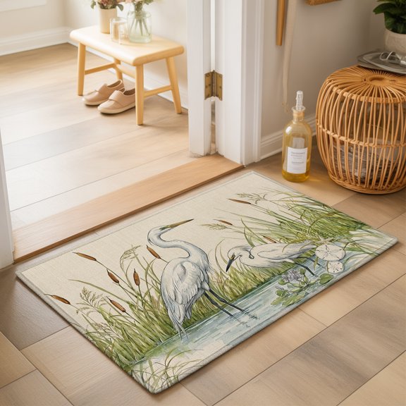 Heron Bird 2'x3' Small Rugs for Entryway Front Door Kitchen Sink Area, Rustic Wild Animal Watercolor Cattail Field Linen Soft Sturdy Mats Washable Non Slip Rectangle Area Rug