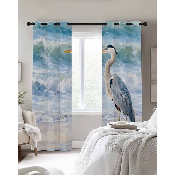 Heron Bird Blackout Curtains 2 Panels, Summer Ocean Waves Coastal Sandy Beach Sea Foam Thermal Insulated Grommet Window Curtains for Bedroom Living Room 42"x45"