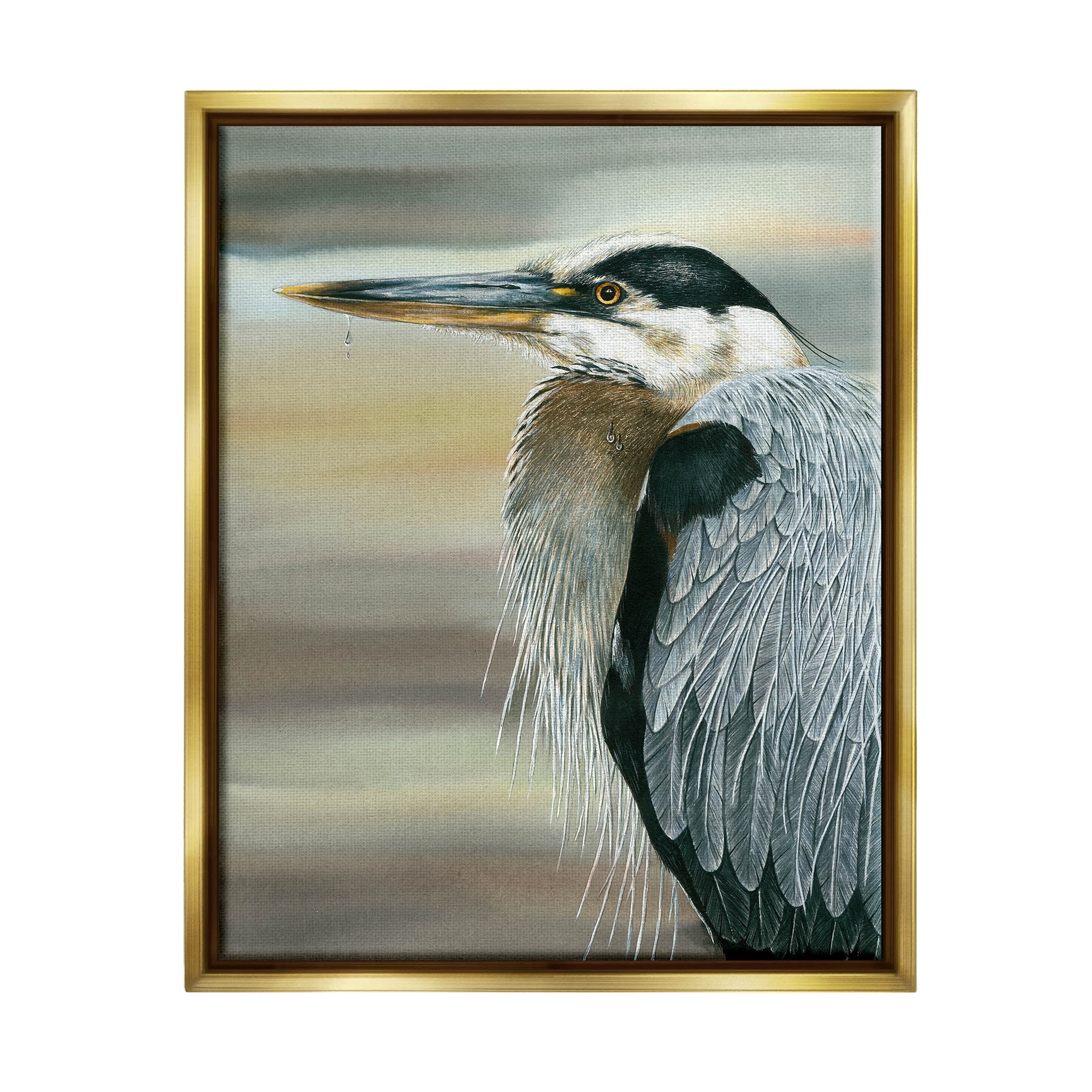 Heron Bird Feather Portrait Animals & Insects Graphic Art Metallic Gold Framed Art Print Wall Art
