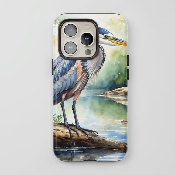 Heron Bird For All iPhone Series Tough Phone Case Watercolor Nature Art Blue Green