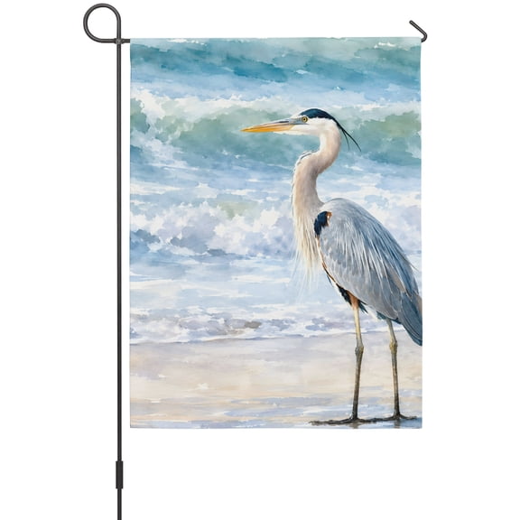 Heron Bird Garden Flags For Outdoor, Summer Ocean Waves Coastal Sandy Beach Sea Foam Small Double Side Yard Flags Weather Proof Garden Decor for Lawn Outside Holiday 12 x 18 Inches