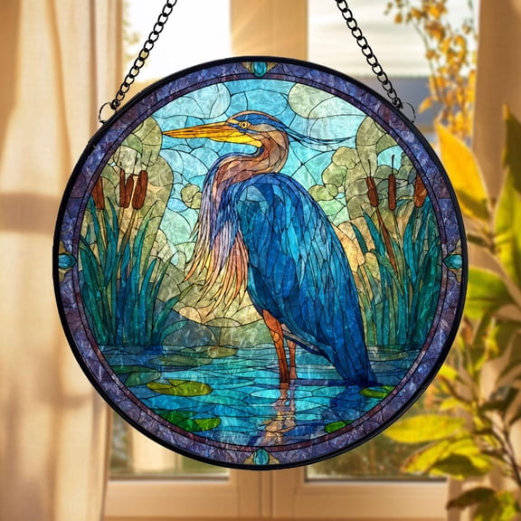 Heron Bird Glass Suncatcher v5, Blue Heron Wildlife Window Art, Bird Lover Home Decor, 3.5 in