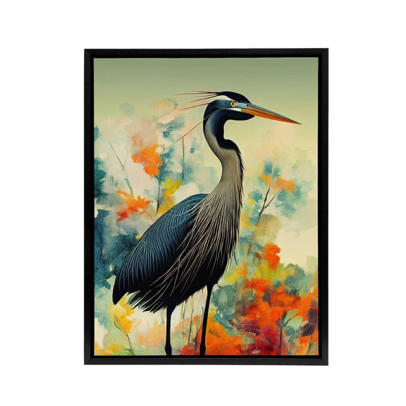 Heron Bird In Flower Field Black Framed Canvas Wall Art Print 12X16"