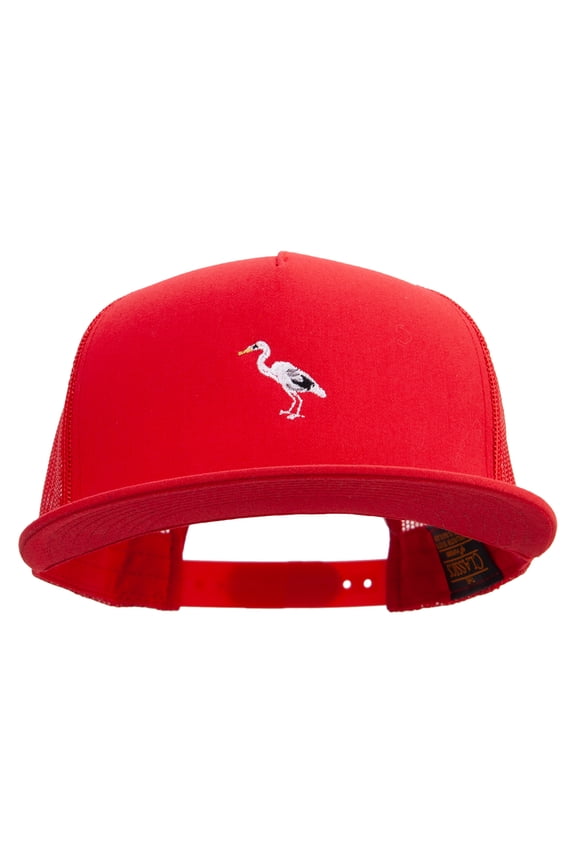 Heron Bird Logo Embroidered 5 Panel Mesh Trucker Snapback Cap - Red OSFM