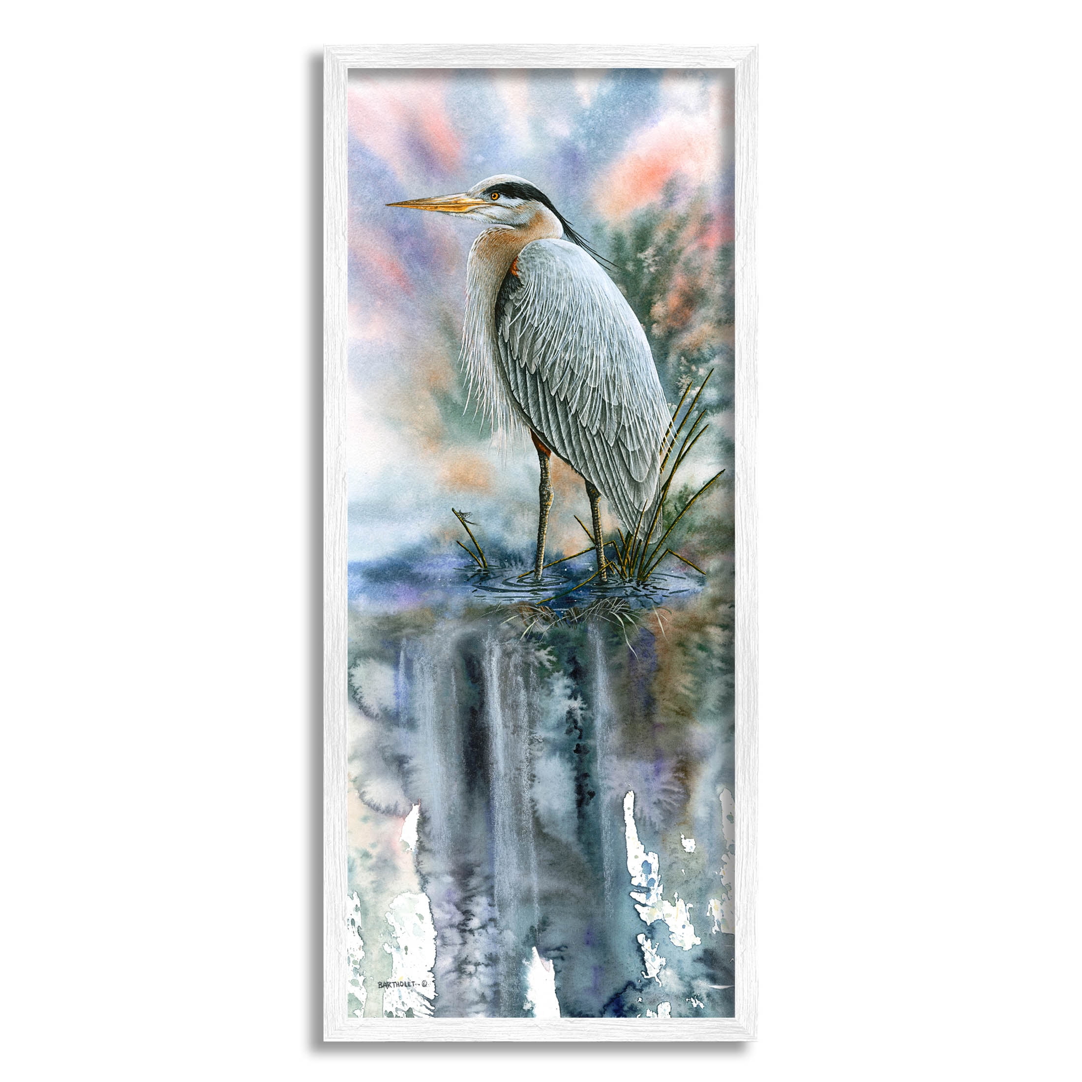 Heron Bird Pond Water's Edge Animals & Insects Graphic Art White Framed Art Print Wall Art