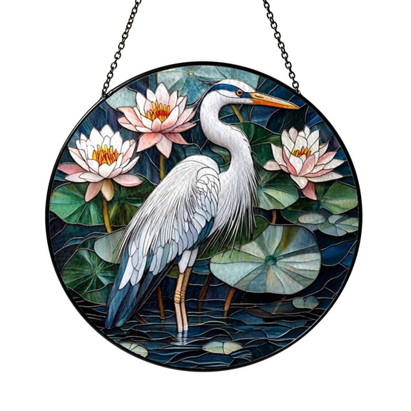 Heron Bird Stained Glass Style Window Hanging – Botanical Wildlife Art