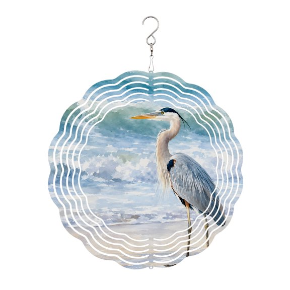Heron Bird Wind Spinner for Garden Yard 10In, Summer Ocean Waves Coastal Sandy Beach Sea Foam 3D Stainless Steel Kinetic Hanging Wind Spinners Rustproof Outdoor Decor for Lawn Patio Home