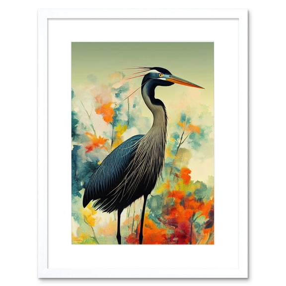 Heron Bird in Abstract Flower Field Colourful Teal Orange Navy Illustration Artwork Framed Wall Art Print 9X7 Inch