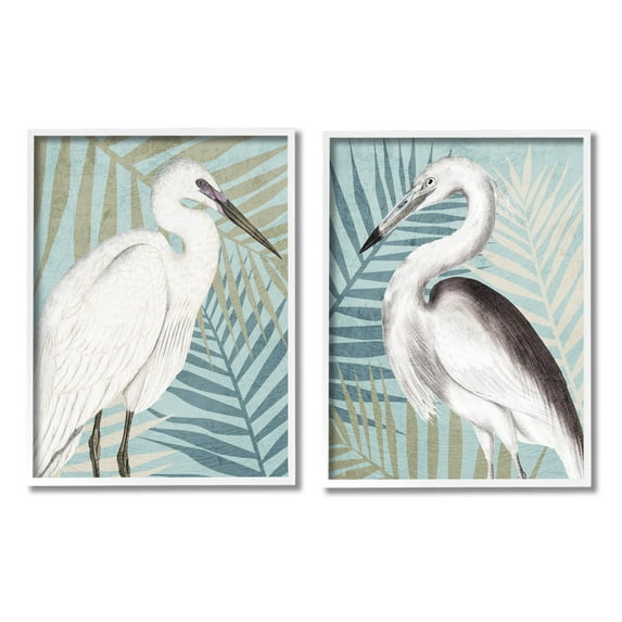Heron Birds Layered Plant Leaves Animals & Insects Graphic Art White Framed Art Print Wall Art, Set of 2