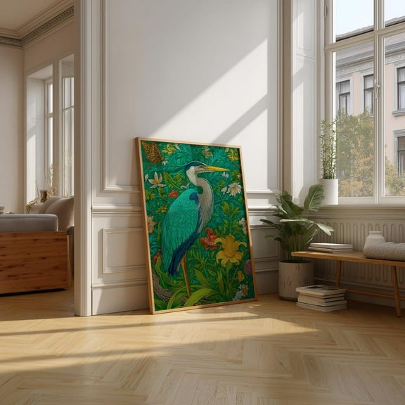 Heron Botanical Print, Vintage Floral Bird Wall Art Home Decor UNFRAMED Poster, Wall Art for Decor, Present, 16x24