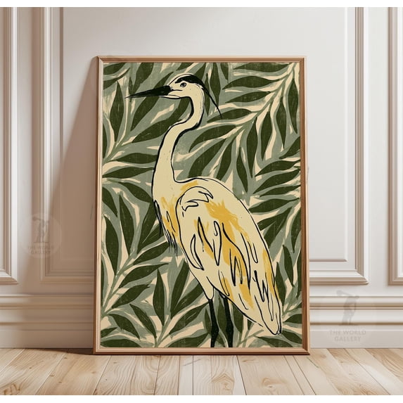 Botinical Ard Heron Botanical Wall Art, Tropical Bird Poster, Green Paper Print ...