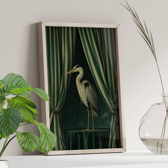 Heron Curtain Call Wall Art, Striped Vintage Bird Decor, Unframed Paper Print Size 24x36