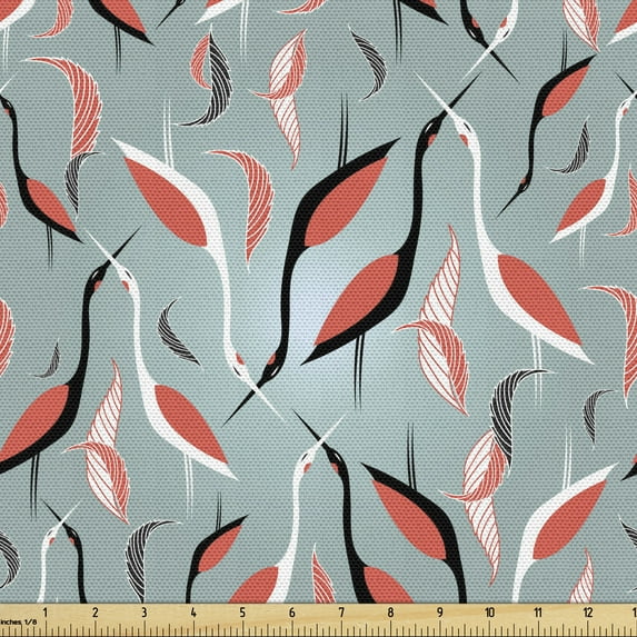 Ambesonne Heron Fabric by the Yard Upholstery, Abstract Birds and Leaves, 5 Yards, Pale Teal Coral