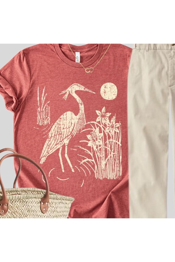 Heron Graphic Tee Boho Bird Print Nature Shirt Wood Block Gift Cotton S4XL