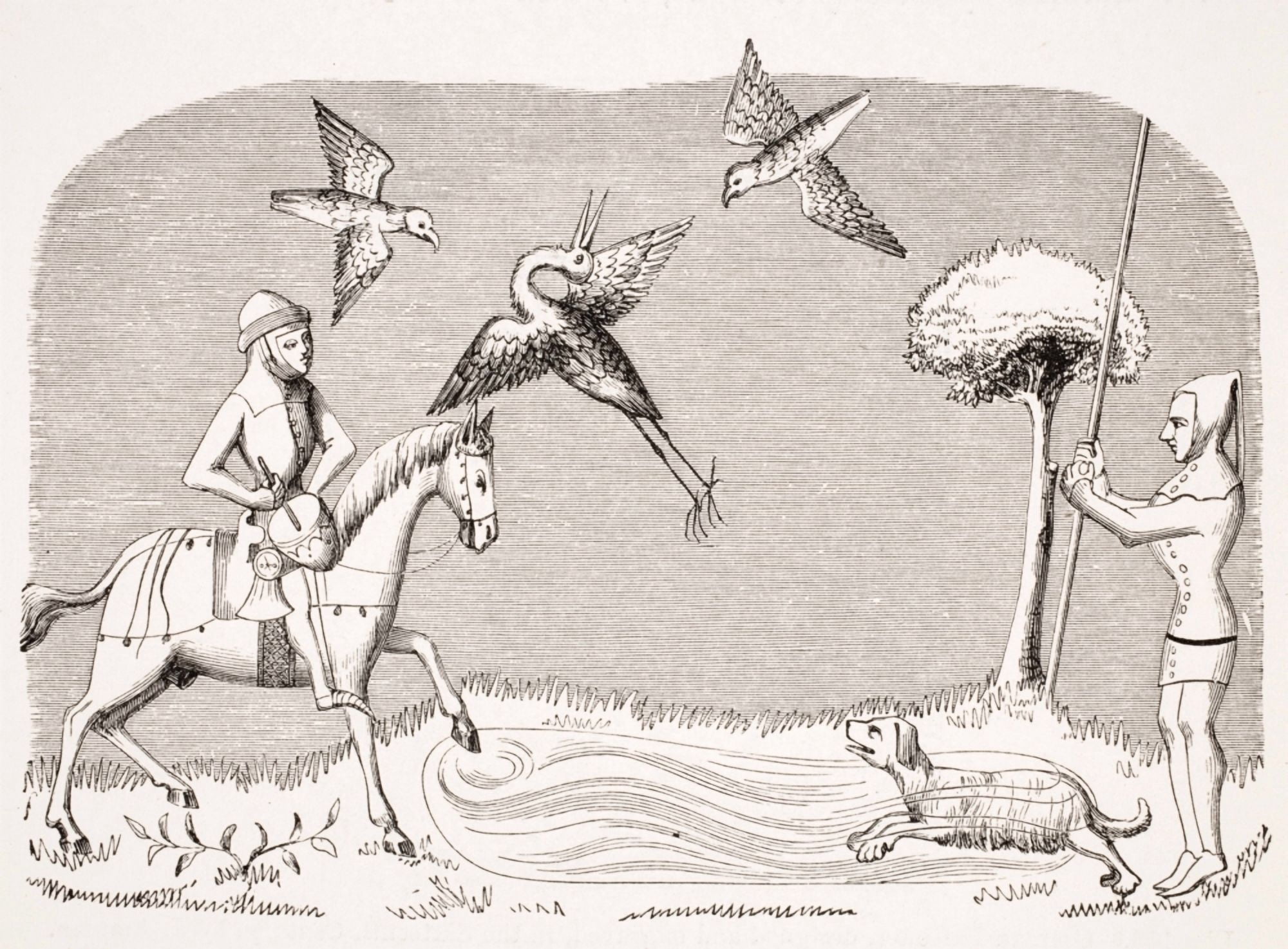 Heron Hawking 19Th Century Reproduction Of Miniature In 14Th Century Manuscript Of Livre Du Roy Modus Canvas Art - Ken Welsh Design Pics (17 x 12)