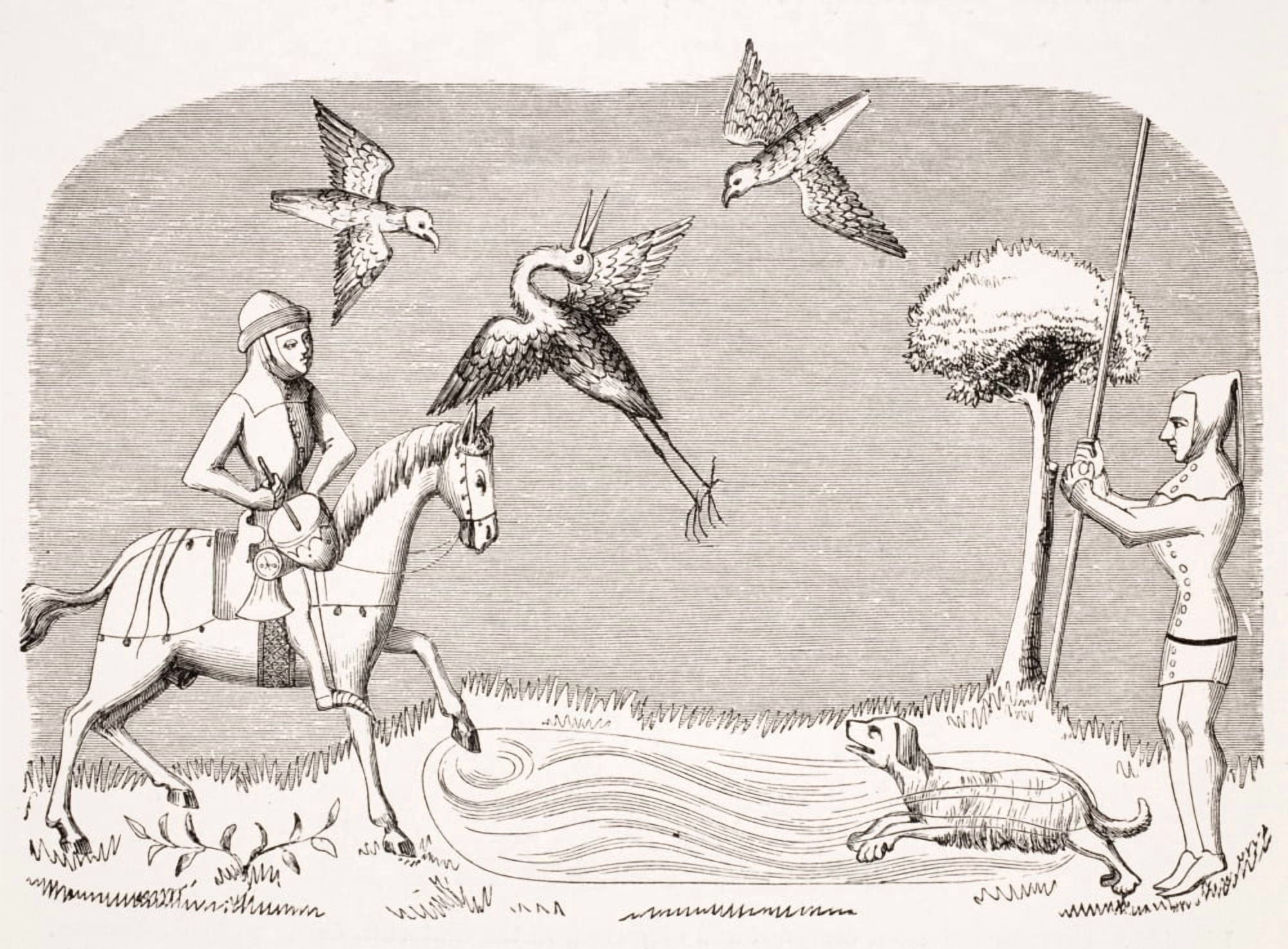 Heron Hawking 19Th Century Reproduction Of Miniature In 14Th Century Manuscript Of Livre Du Roy Modus Canvas Art - Ken Welsh Design Pics (34 x 24)