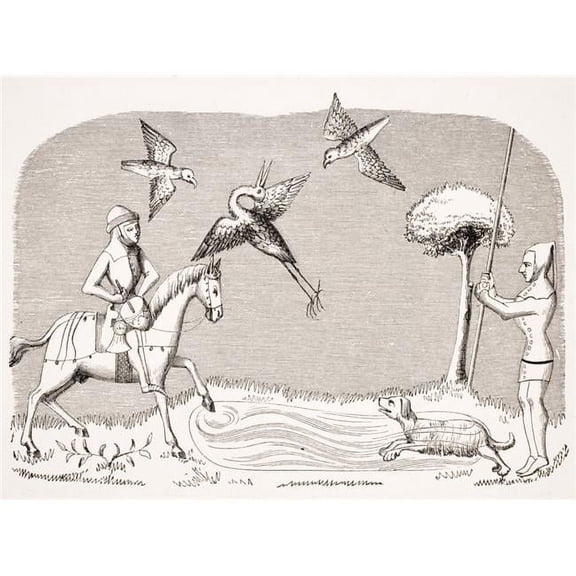 Heron Hawking 19th Century Reproduction of Miniature In 14th Century Manuscript of Livre Du Roy Modus Print - 34 x 24