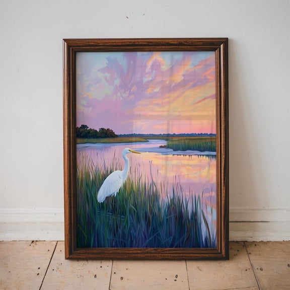 Heron In The Marsh, Southerner Decor, Coastal Summer Wall Art Poster, Beach House Pastel, Dorm Room Decor, Stretched Canvas Size 12x18
