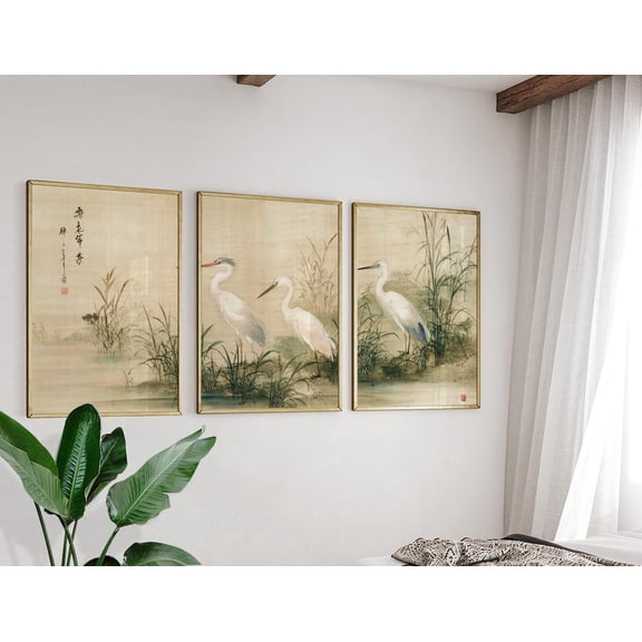 Heron Marsh Asian Style Wall Art Set 3 Unframed Paper Print 8x12