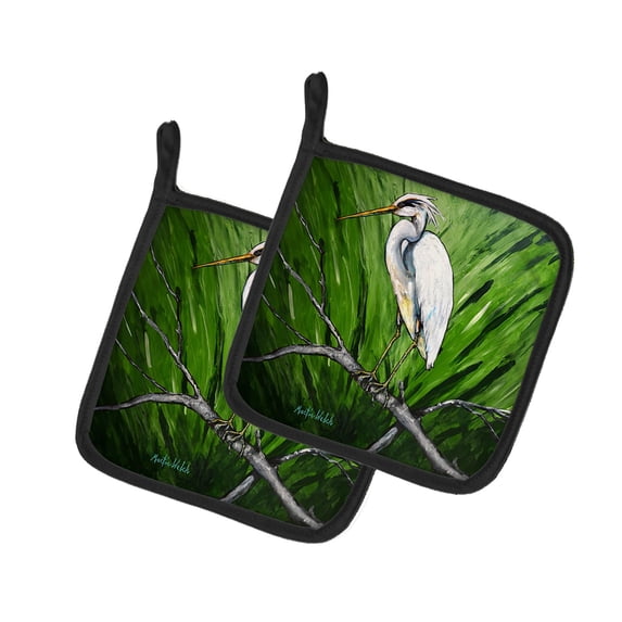 Heron On A Limb Pair of Pot Holders 7.5 in x 7.5 in