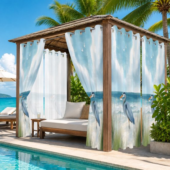Heron Outdoor Curtains for Patio, Coastal Nautical Rustic Blue Bird Green Beach Reed Wildlife Waterproof Outside Curtains Privacy Blackout Curtain for Porch Pergola Cabana, 2 Panel 54W x 108L Inch
