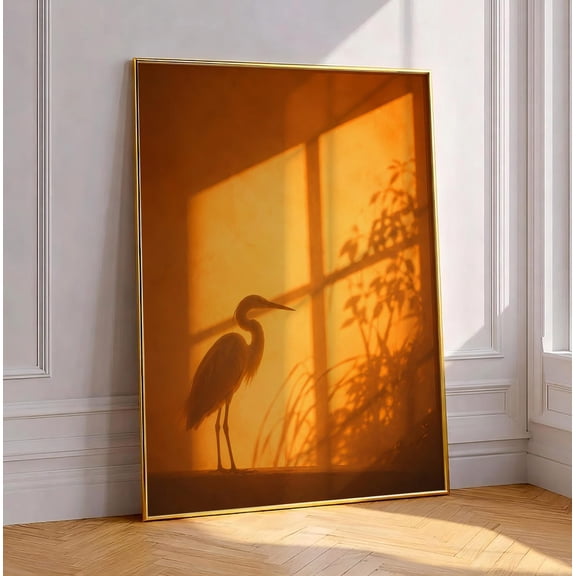 Heron Shadow Coastal Bird Golden Hour Wall Decor Unframed Paper Print