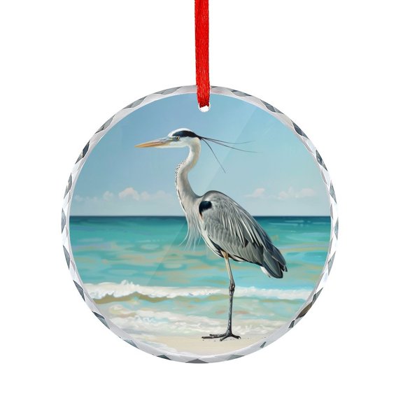 Heron Standing on The Beach Glass Christmas Ornament Watercolor Blue Heron Crane Bird Animal Wildlife Christmas Ornaments 2025 Holiday Ornaments Decoration for Home