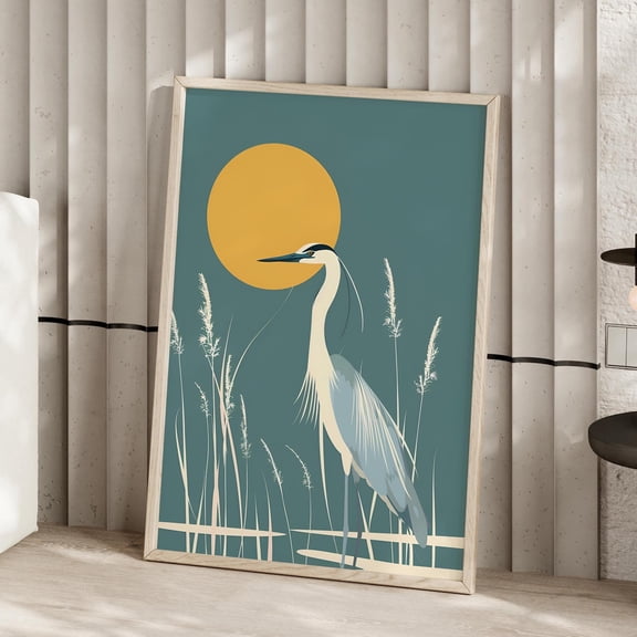 Heron Sun Minimalist Wall Art, Blue White Coastal Bird Decor, Unframed Paper Print Size 8x12