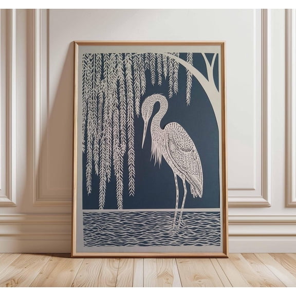 Heron Wall Art Japanese Minimalist Bird Blue Botanical Decor Unframed Paper Print