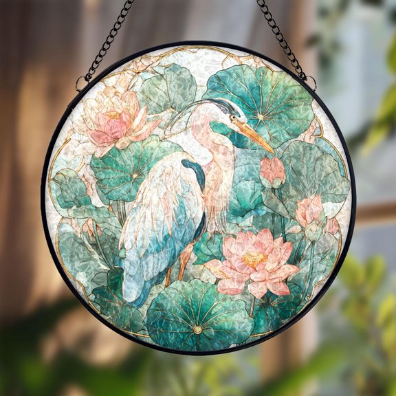 Heron and Lotus Glass Suncatcher, Water Lily Bird Window Art, Nature Lover Home Decor, 3.5 in
