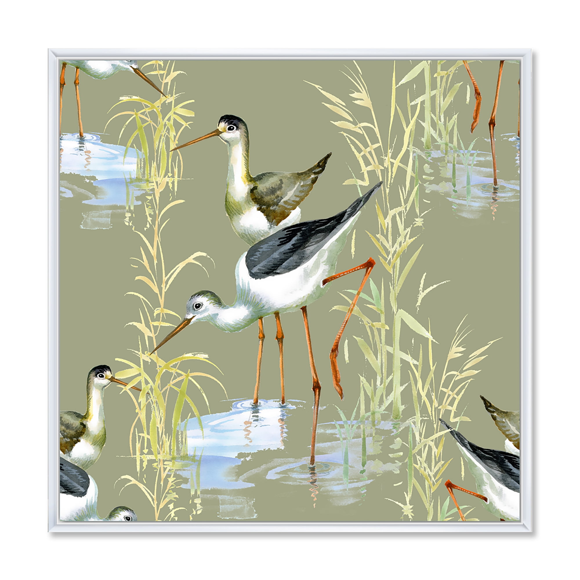 Herons Birds In The Gray Water 16 in x 16 in Framed Painting Canvas Art Print, by Designart