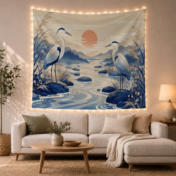 Herons on River Rocks Along Mountain Shores, Peaceful Illustration for Nature Lovers, Waterside Decor, Housewarming Gift, Tapestry Wall Hanging for Living Room and Study Room