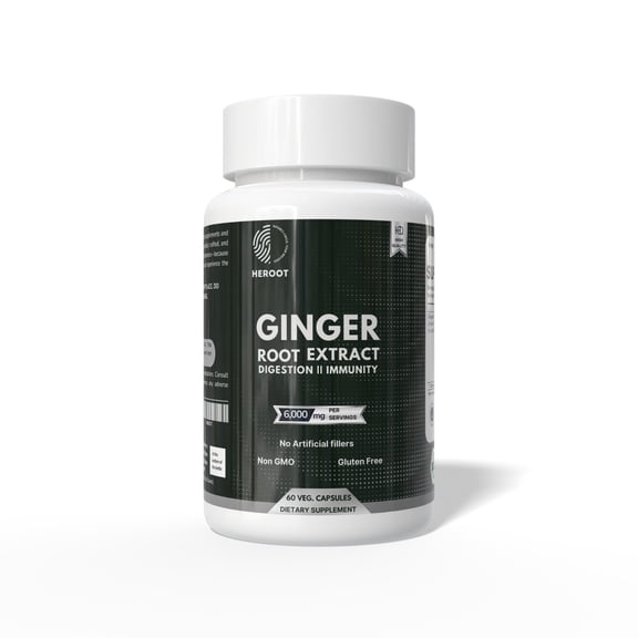 Heroot Ginger Root Extract Capsules 600 mg (10:1) per Capsule | Equivalent to 6000 mg Raw Ginger per Serving | 120 Veg Capsules | 40 Servings | Herbal Supplement