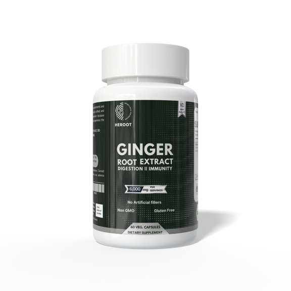 Heroot Ginger Root Extract Capsules 600 mg (10:1) per Capsule | Equivalent to 6000 mg Raw Ginger per Serving | 60 Veg Capsules | 20 Servings | Herbal Supplement