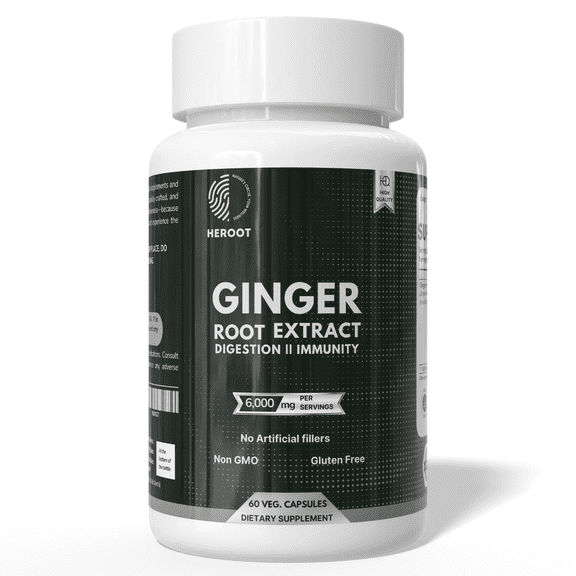 Heroot Ginger Root Extract Capsules 600 mg (10:1) per Capsule | Equivalent to 6000 mg Raw Ginger per Serving | 60 Veg Capsules | 20 Servings | Herbal Supplement