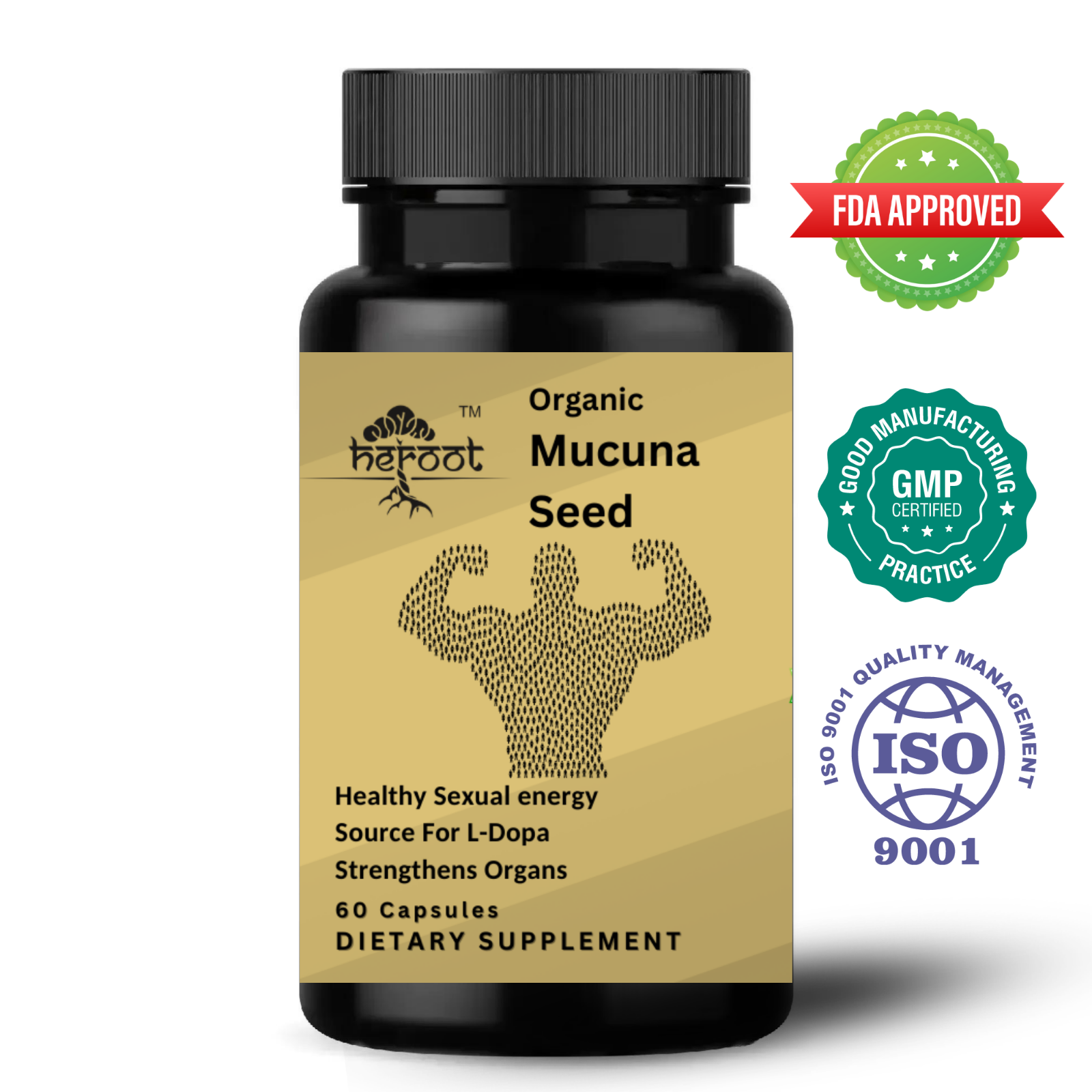 Heroot Organic Mucuna Pruriens 400mg Capsules for All Natural Anti Anxiety & Stress Reproductive