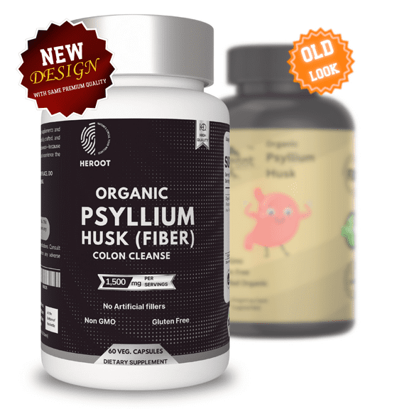 Heroot Organic Psyllium Husk 1000mg Capsules Helps Digestion, Supports Maintain Regularity, 60 Capsules