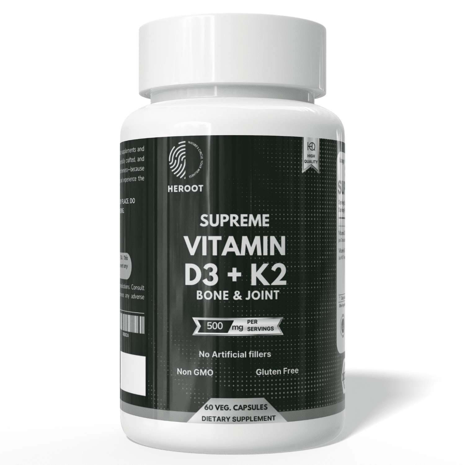 Heroot Vitamin D3 + K2 Capsules | 125 mcg D3 & 100 mcg K2 per Capsule | 120 Veg Capsules | 120 Servings | Daily Supplement