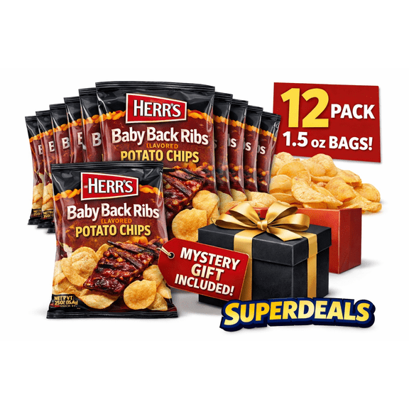 Herrs Baby Back Ribs Flavored Potato Chips, 1.5 oz Bags (Pack of 12) | Bold Smoky Rib Flavor Crunchy Snacks | Bundled by SUPERDEALS with Mystery Gift Included 
