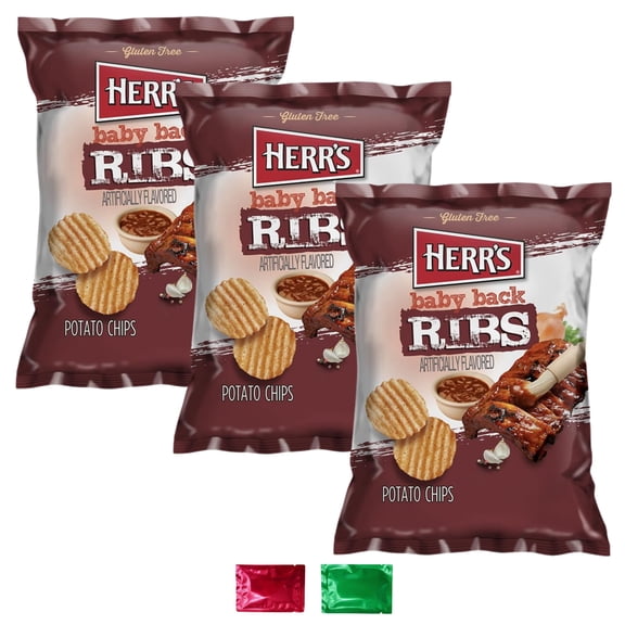 Herrs Baby Back Ribs Potato Chips Snacks, 2.5oz Bold Flavor Ripple Chips for Party Lunch Stuffers Movie Night On the Go Snacking Birthday Treats Favor 3 Pack w/ 2 Snoep in Beperkte Oplage