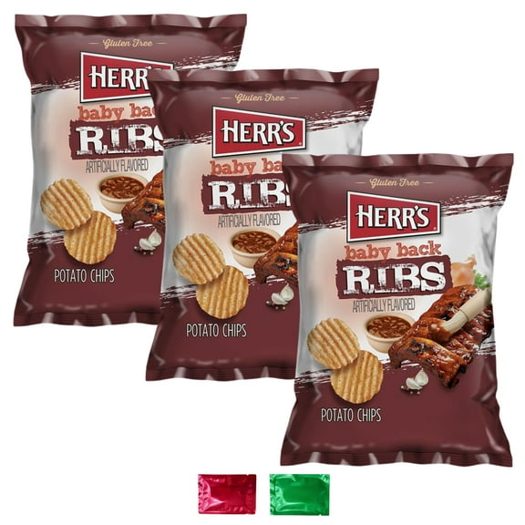 Herrs Baby Back Ribs Potato Chips Snacks, Bold Flavor Ripple Chips for Party Lunch Stuffers Movie Night On the Go Snacking Birthday Treats Favor 3 Pack w/ 2 Snoep in Beperkte Oplage