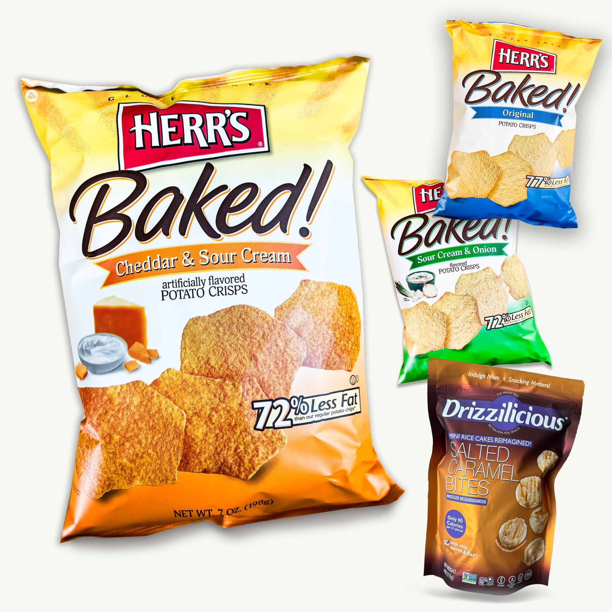 Herr's Baked Potato Crisps (3, 7oz bags) - Original - Sour Cream Onion - Cheddar Sour Cream - Salted Caramel Bites Mini Rice Cakes (4oz) - 4 Items