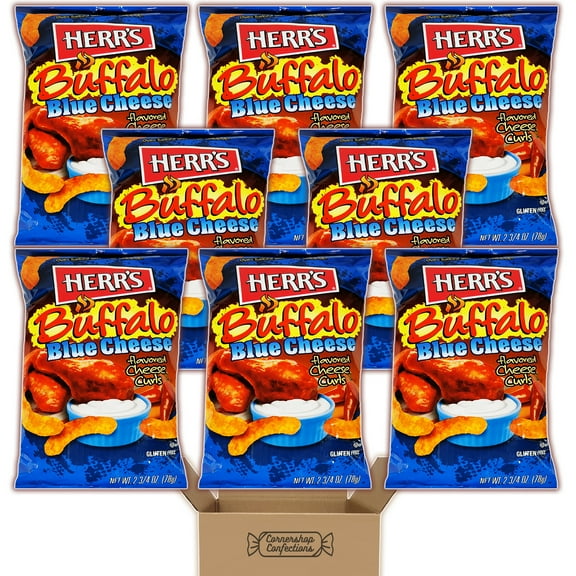 Herr's Buffalo Blue Cheese Flavored Cheese Curls 8 Bag Bulk Pack - 8 Individually Sealed Bags of Cheese Curls - Friendly Challenges, Movie Night, School Snack in Cornershop Confections Pack