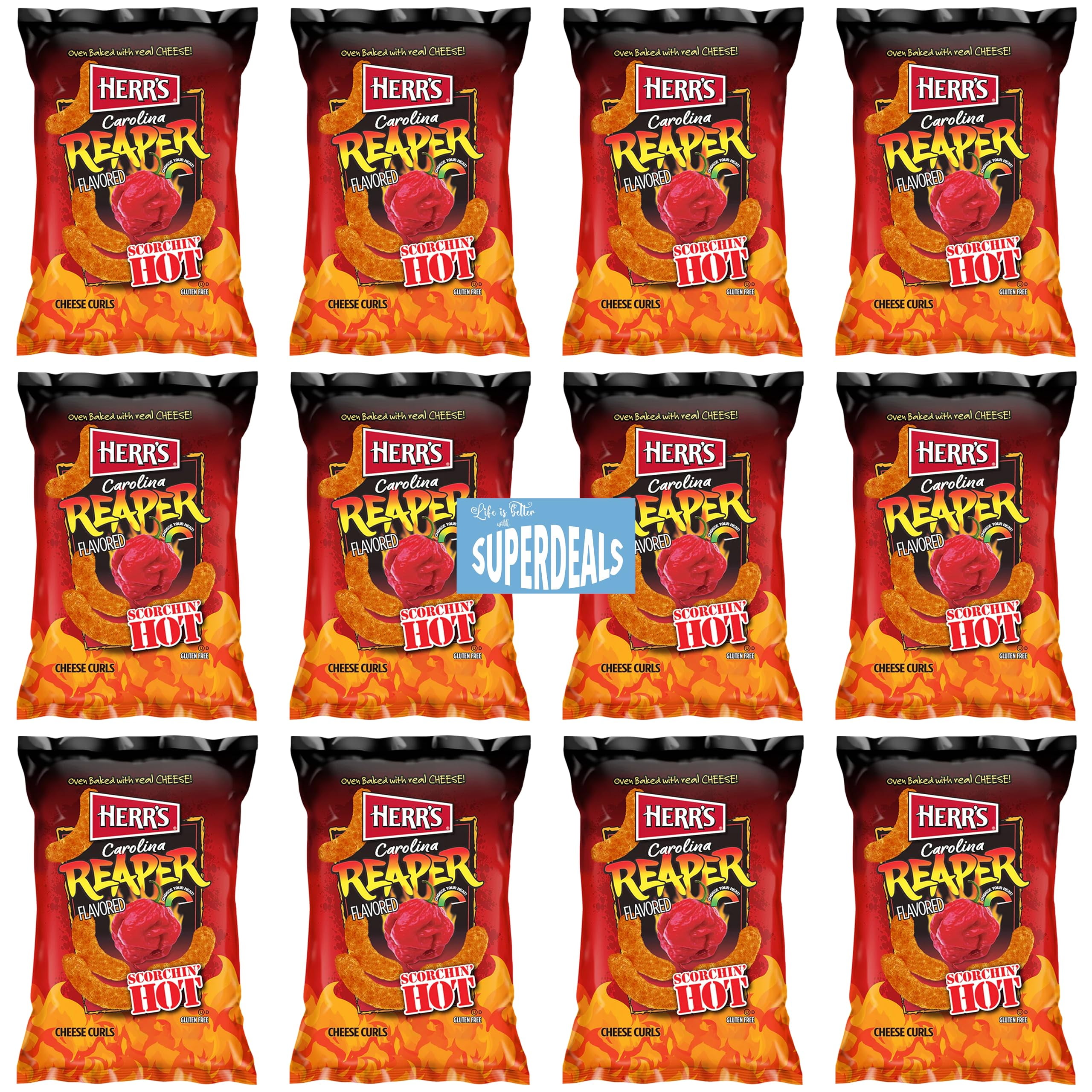 Herr's Carolina Reaper Flavored Cheese Curls, 1.25 oz Pack of 12 bundled by SUPERDEALS with mystery gift