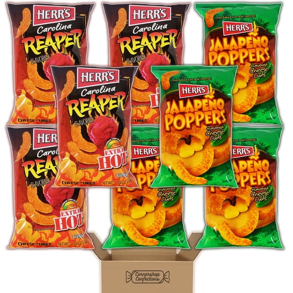 Herr's Carolina Reaper and Jalapeno Poppers Flavored Cheese Curls 8 Bag Bulk Variety - 8 Bags of Extra Hot Cheese Curls - Friendly Challenges, Movie Night, School Snack In Cornershop Confections Box