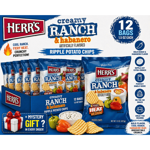 Herrs Creamy Ranch & Habanero Ripple Potato Chips, 1.5 oz Bags (Pack of 12) | Spicy Ranch Ridged Chips | Individual Snack Size Bags | Crunchy Ripple Chips | Bundled by SUPERDEALS with Mystery Gift
