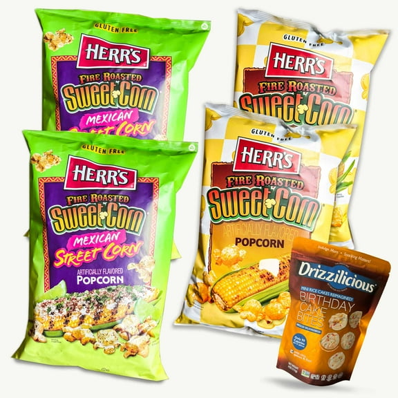 Herr's Fire Roast Mexican Street Popcorn (2, 5.75oz) - Fire Roasted Sweet Popcorn (2, 6oz) - Birthday Cake Mini Rice Cakes (4oz) - 5 Items