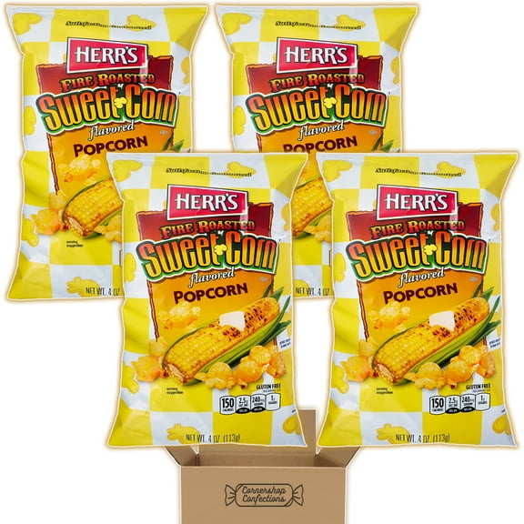 Herr's Fire Roasted Sweet Corn Bulk Bundle - 4 Large 4oz Bags of Air-popped Gluten Free Sweet Corn Flavored Popcorn - Movie Night, Road Trips, Flights, Work Snack in Cornershop Confections Box